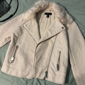 Pleather cream leather jacket with removable faux fur collar